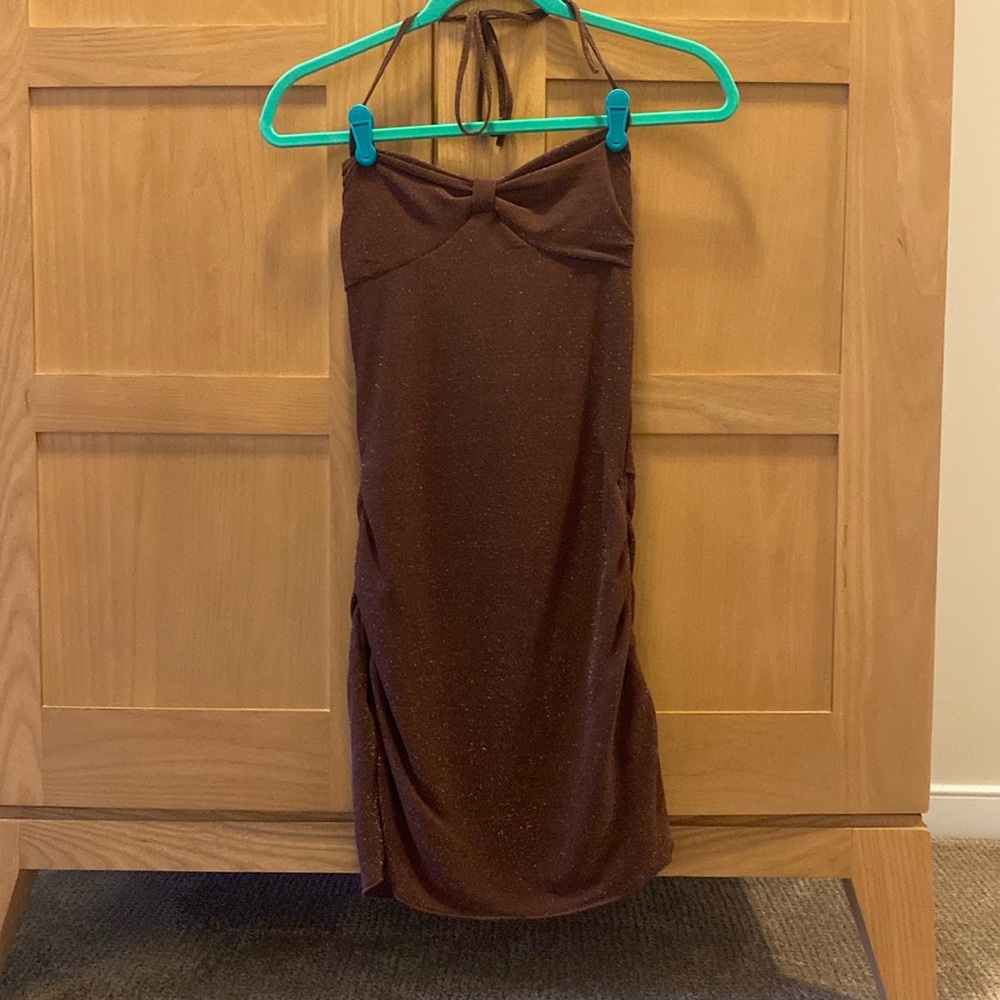 Halter tie brown sparkly tight dress